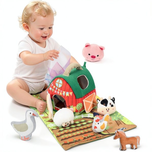 URMYWO Baby Farm Animal Set with Plush Barn and 6 Textured Toys-5