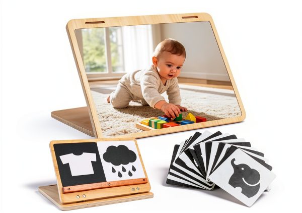 Juhg Baby Tummy Time Mirror Floor Mount 2‑Sided Wood Frame 11.8x9-0