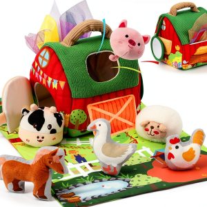 URMYWO Baby Farm Animal Set with Plush Barn and 6 Textured Toys-0