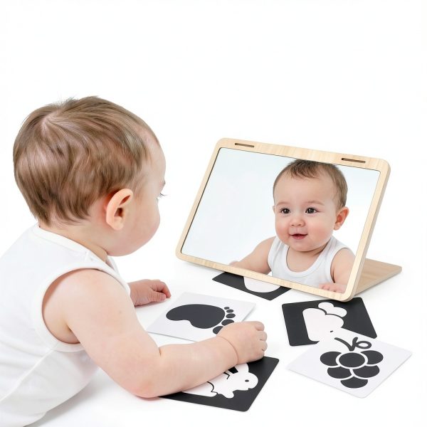 Juhg Baby Tummy Time Mirror Floor Mount 2‑Sided Wood Frame 11.8x9-1