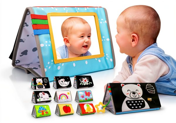 Aboosam Montessori Baby Mirror Toy Set with Crinkle Book & Teether-0